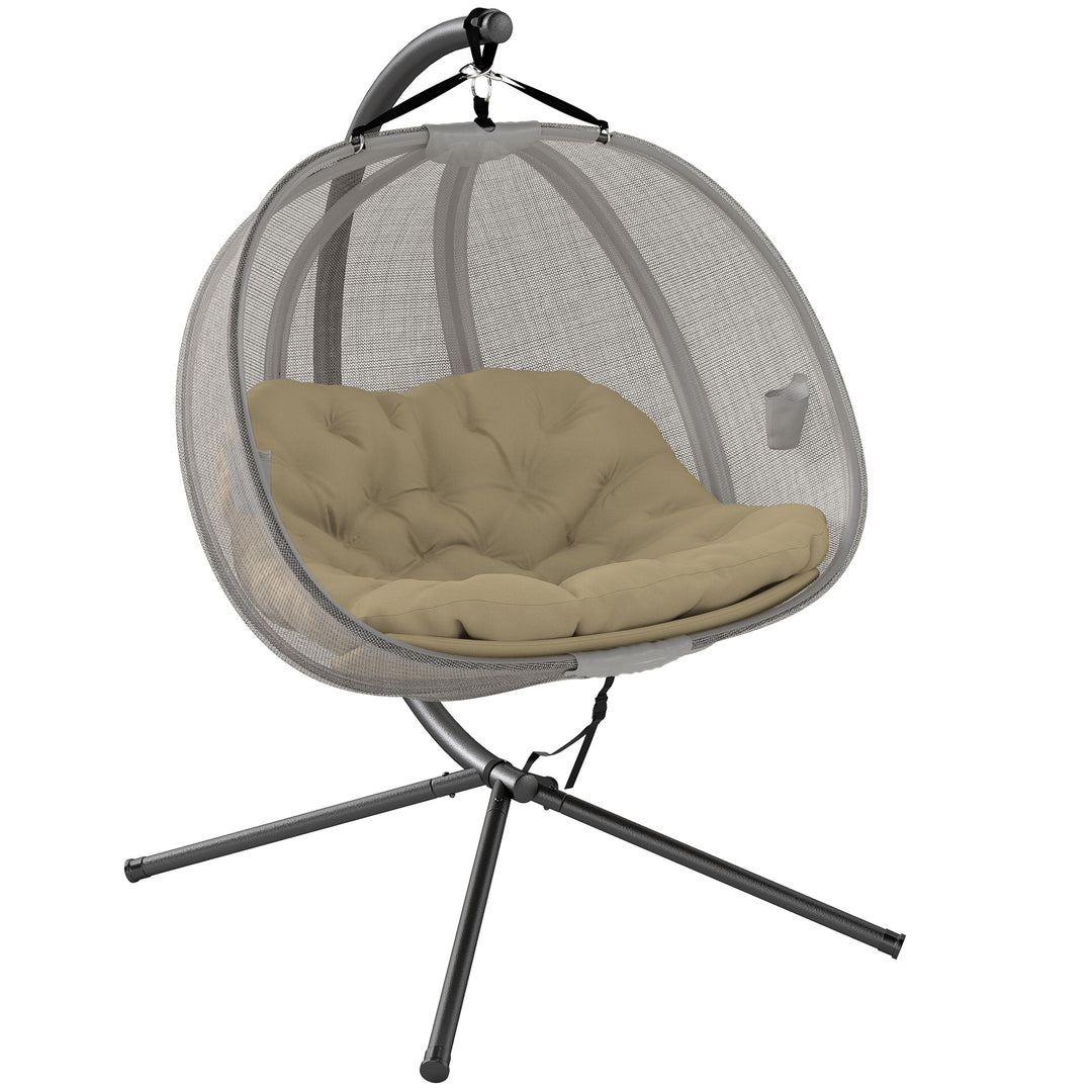 Double Hanging Egg Chair 2 Seaters Texteline Swing Hammock Chair with Stand, Cushion and Folding Design, for Indoor and Outdoor, Brown