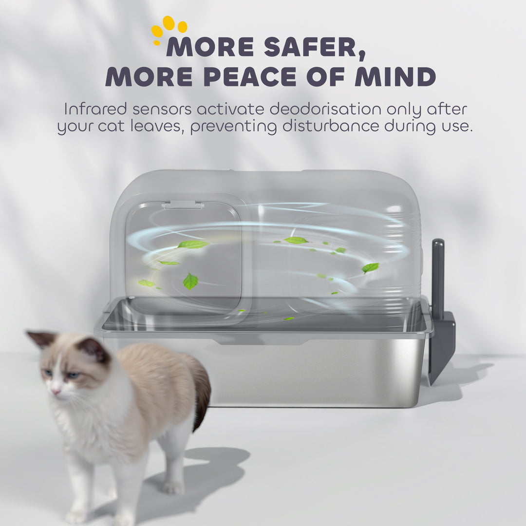 65L Extra Large Stainless Steel Litter Tray with Plasma Deodoriser System, High Sided, Easy to Clean & Odour-Resistant