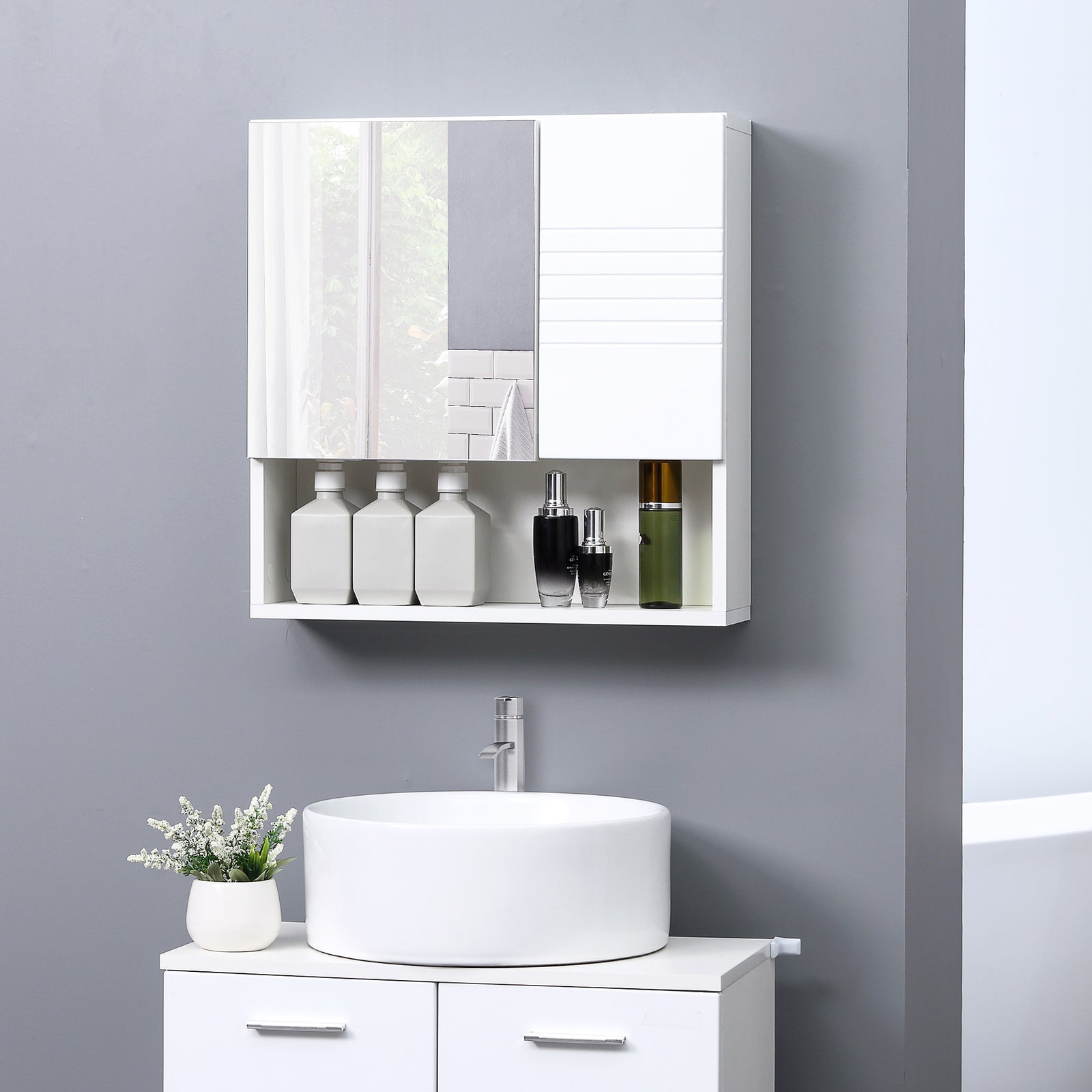 Bathroom Mirror Cabinet Wall-Mounted Storage w/ Double Door Adjustable Shelf - White