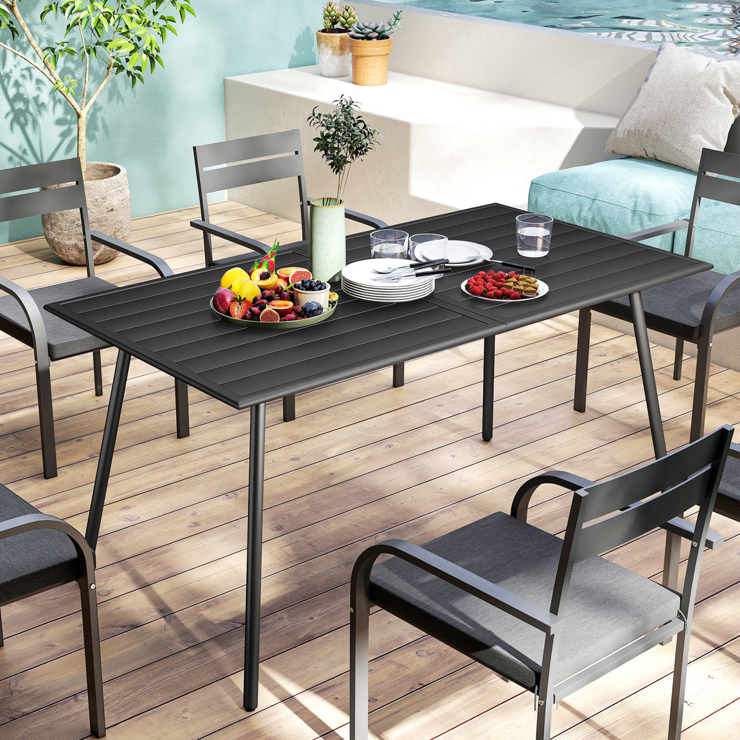 Rectangle Garden Table with Slat Top, Steel Frame, Outdoor Table for 6 Person, 150 x 80 x 74 cm, Black