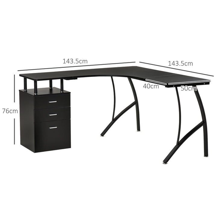 L-Shaped Computer Desk Table with Storage Drawer, Home Office Desk Corner Industrial Style Workstation for A4 Files 143.5 x 143.5 x 76cm, Black