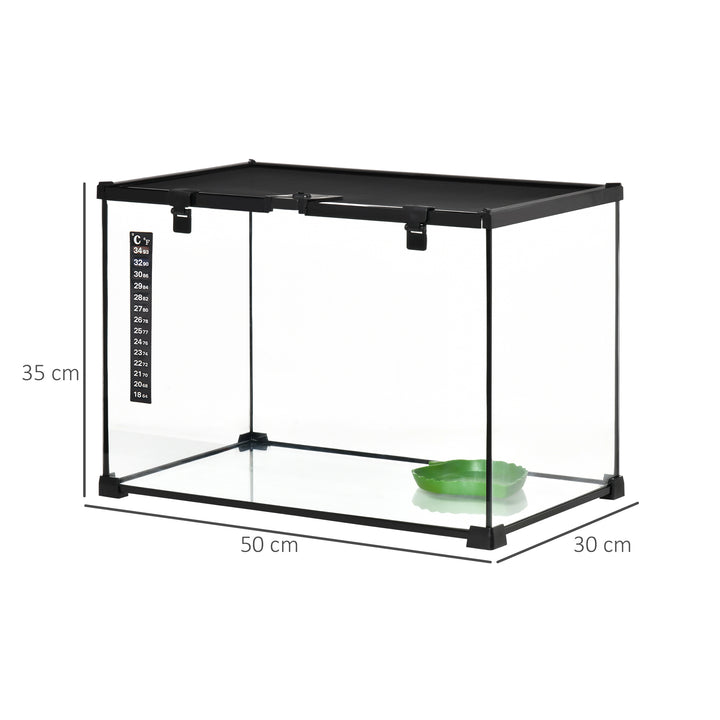 PawHut 50 x 30 x 35 cm Reptile Glass Terrarium, Reptile Breeding Tank, Climbing Pet Glass Containers w/ Strip Patch Thermometer, Black | Aosom UK