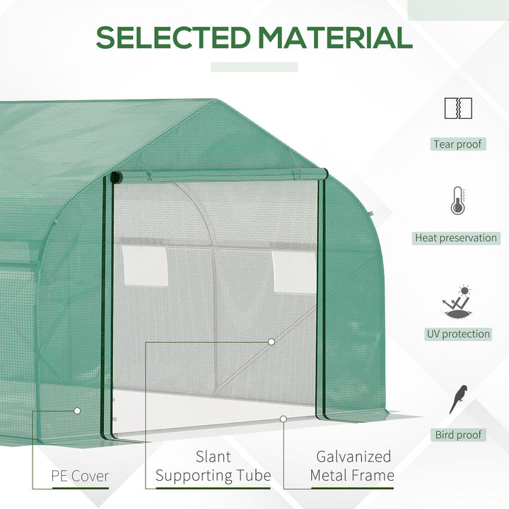 Walk-in Polytunnel Garden Greenhouse, Outdoor Mesh Door Greenhouse with PE Cover and 6 Windows, 4.5 x 3 x 2m, Green