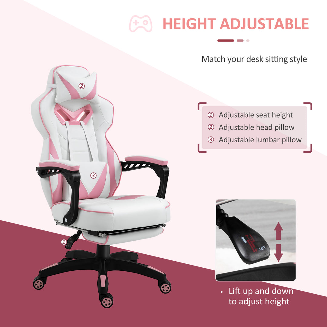 Computer Gaming Chair, Racing Desk Chair with Lumbar Support and Footrest, PU Leather Gamer Chair with Headrest and Swivel Wheels for Home, Pink