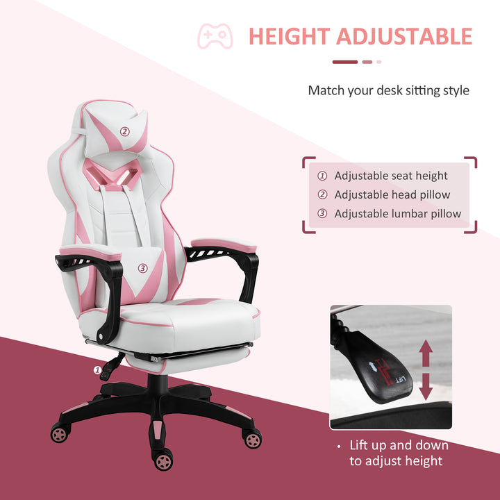 Computer Gaming Chair, Racing Desk Chair with Lumbar Support and Footrest, PU Leather Gamer Chair with Headrest and Swivel Wheels for Home, Pink