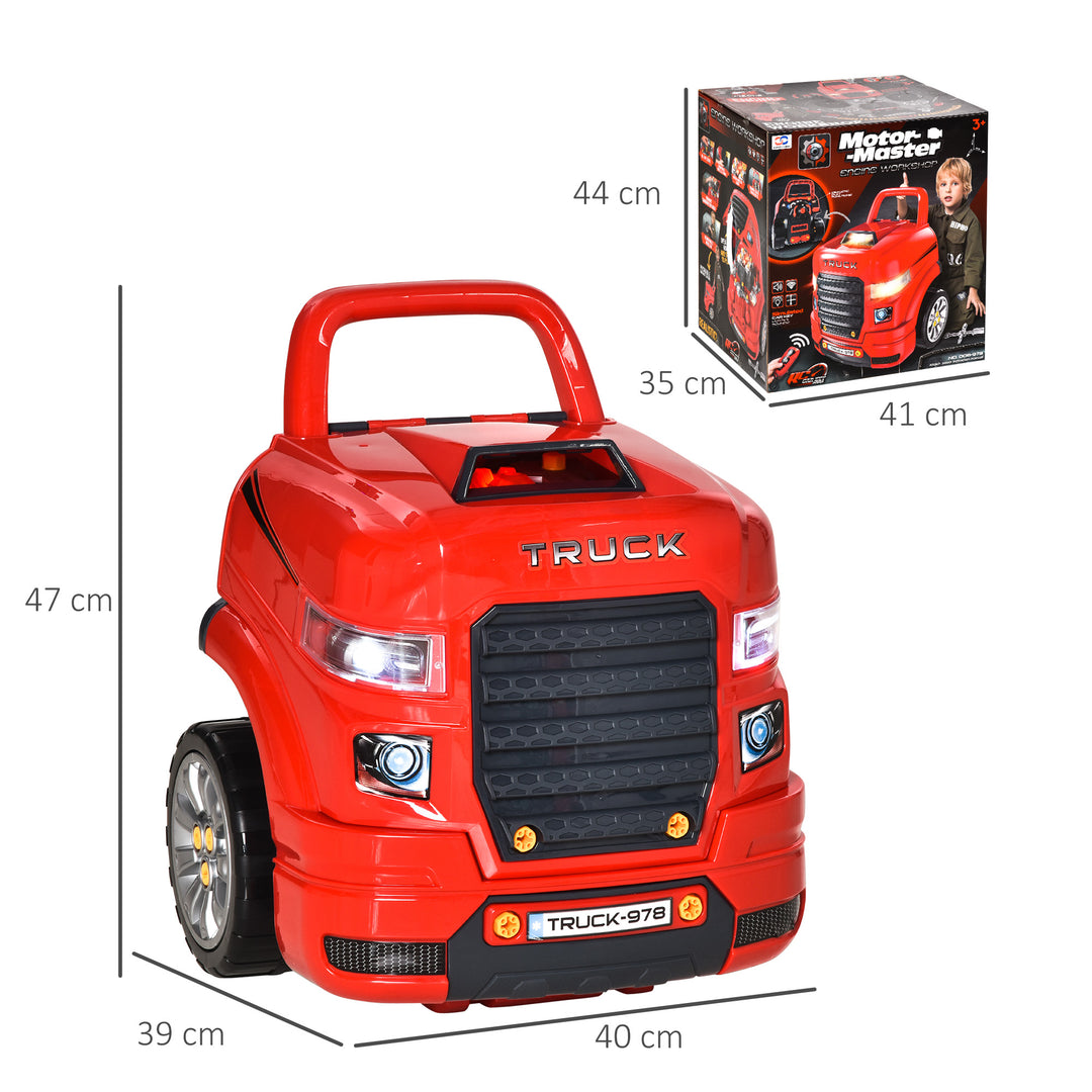 Kids Truck Engine Toy Set, Toddler Educational Car Service Station Playset, Take Apart Workshop, w/ RC Car Key, Steering wheel, Horn, Light, for 3-5 Years Old Red