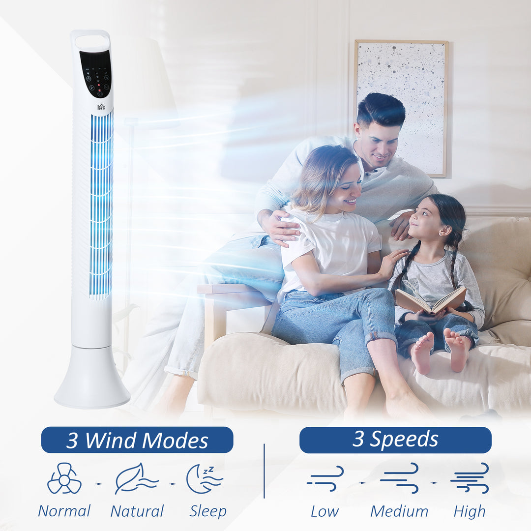 HOMCOM Tower Fan, 36'', with 3 Speeds, 3 Modes, 7.5h Timer, 70鎺?Oscillation, LED Control Panel, Remote Control, White | Aosom UK