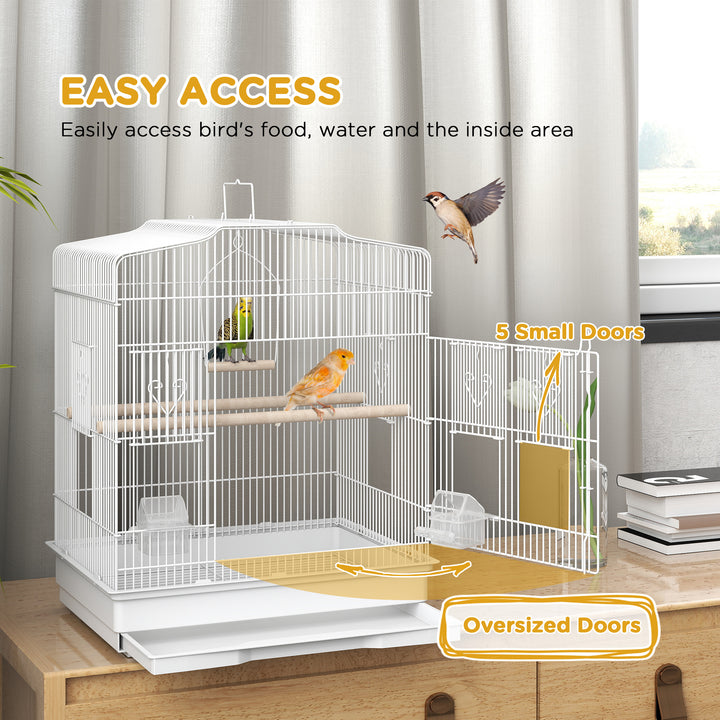 Large Metal Bird Cage with Perches, Food Bowls, Swing, for Budgies, Parakeets, White