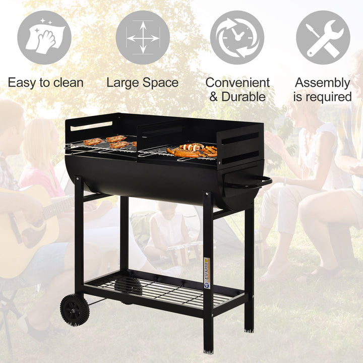 Outsunny Charcoal Barbecue Grill Garden BBQ Trolley w/ Dual Grill, Adjustable Grill Nets, Heat-resistant Steel, Wheels, Black | Aosom UK