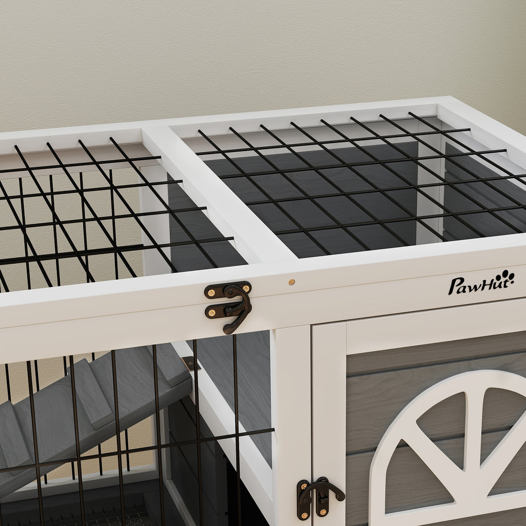 Wooden Rabbit Hutch, Guinea Pig Cage, with Removable Tray, Openable Roof, Grey