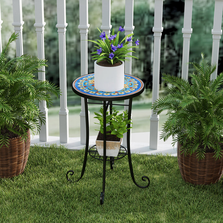 Mosaic Garden Table, 35.5 cm Round Outdoor Table with Shelf, Ceramic Tile Top, Small Garden Side Table Bistro Table End Table Plant Stand for Indoor, Patio, Balcony, Blue