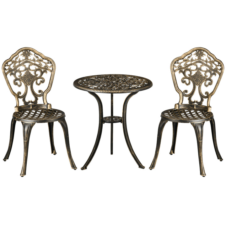 Outsunny 3 Piece Cast Aluminium Garden Bistro Set for 2 with Parasol Hole, Outdoor Coffee Table Set, Two Armless Chairs and Round Coffee Table