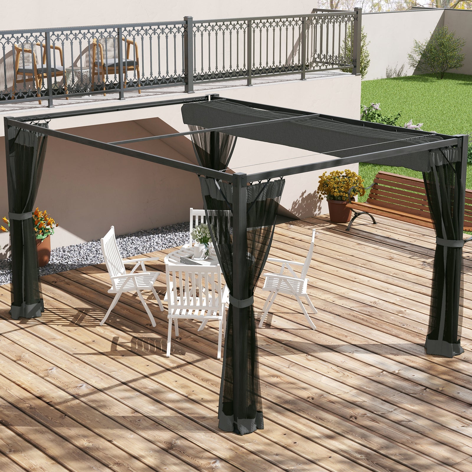3 x 4m Aluminium Frame Pergola, with Retractable Roof - Dark Grey