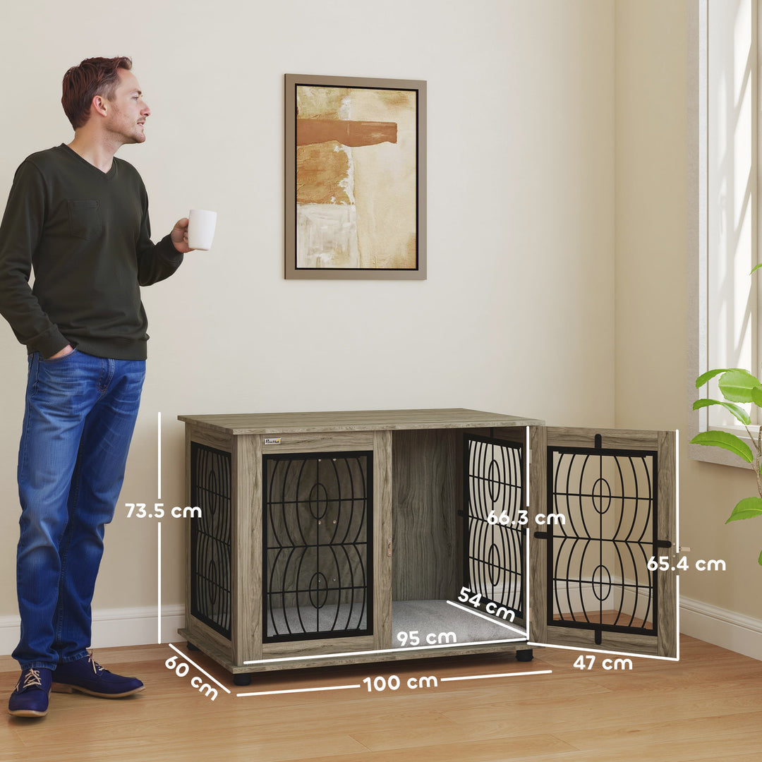 Indoor Dog Crate Furniture End Table with Soft Washable Cushion, Lockable Front Door, for Large Dogs - Grey