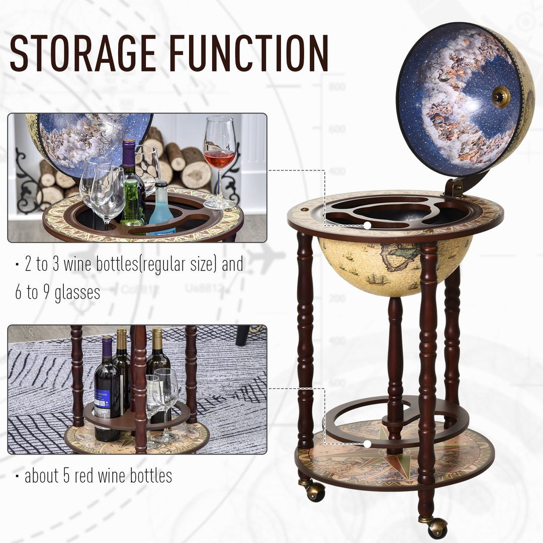 HOMCOM Portable Globe Bar Cart: Antique-Inspired Beverage Trolley with Wheels, Wine & Liquor Storage, Glass Bottle Holder | Aosom UK