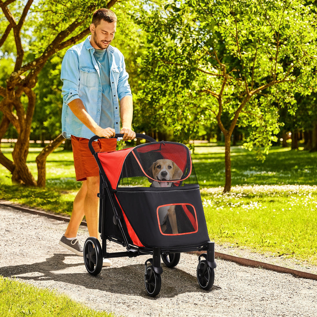 PawHut Pet Stroller with Universal Front Wheels, Shock Absorber, One Click Foldable Dog Cat Carriage with Brakes, Storage Bags, Red | Aosom UK