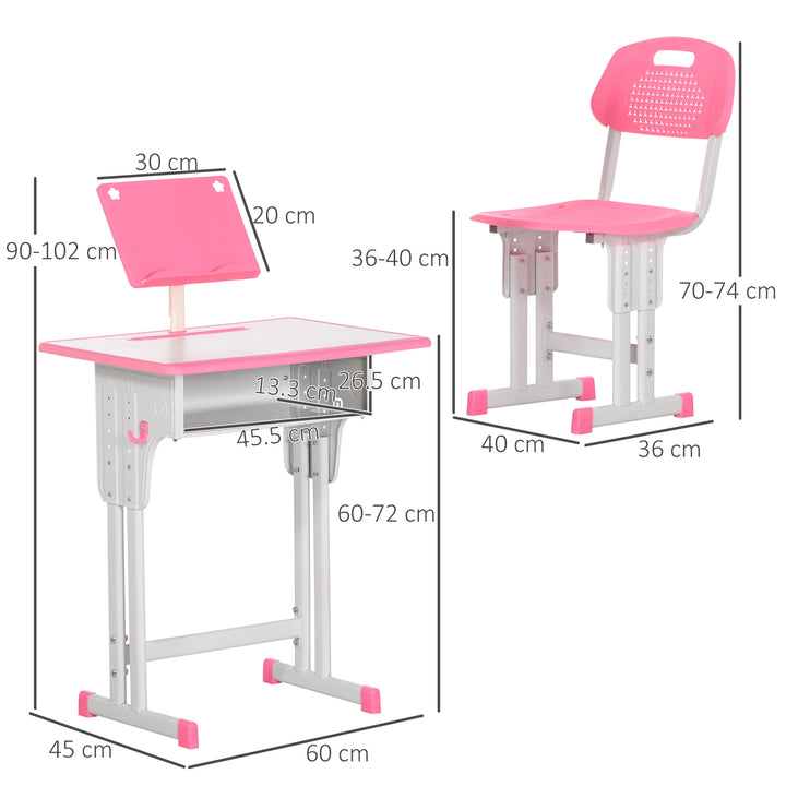 HOMCOM Children's Study Desk and Chair Set, Adjustable Height with Drawer, Bookshelf, Cup Holder & Pen Groove, Pink