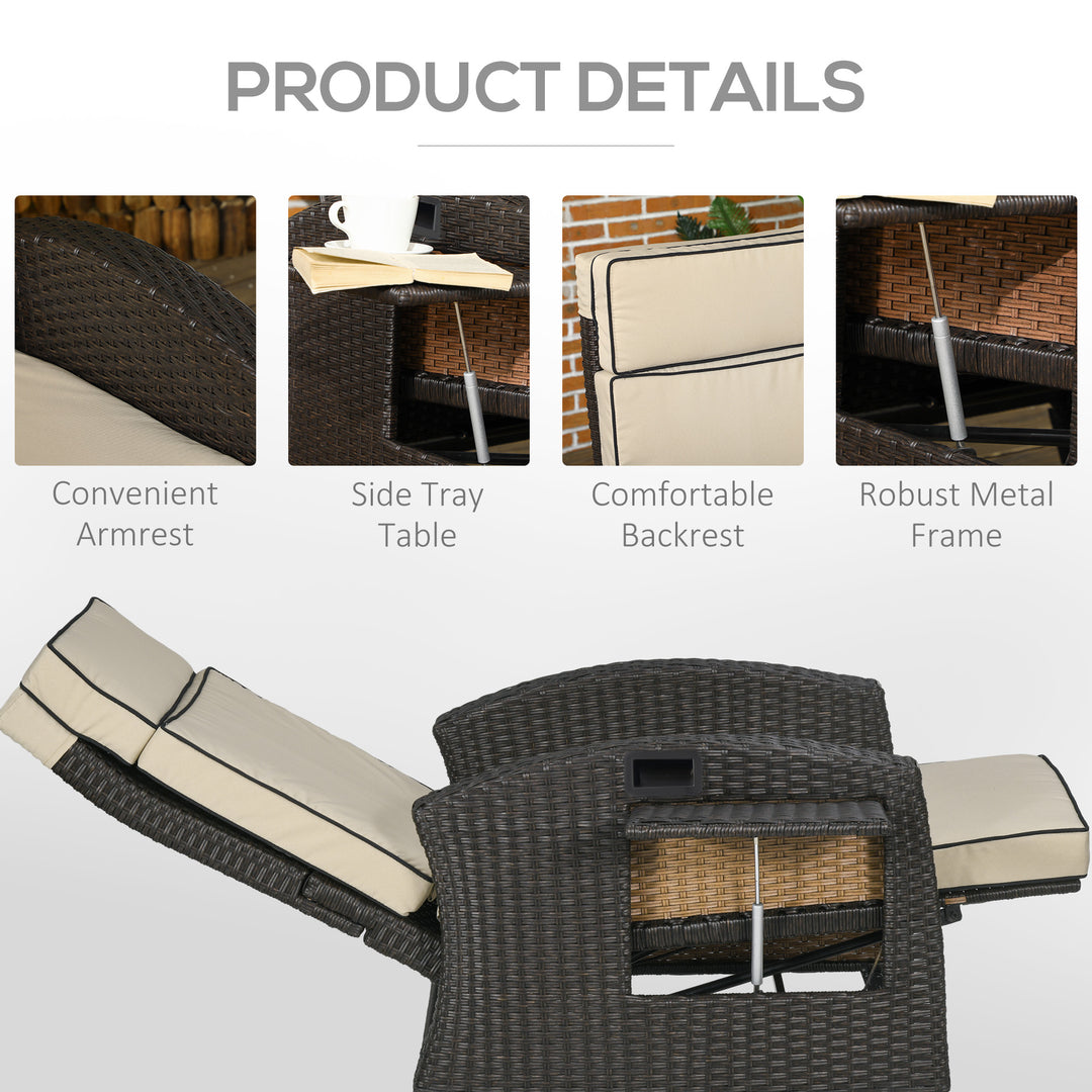 Outdoor Recliner Chair with Adjustable Backrest and Footrest, Cushion, Side Tray, Khaki/Brown