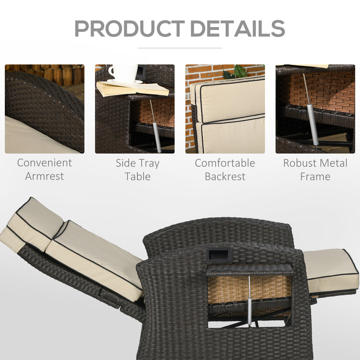 Outdoor Recliner Chair with Adjustable Backrest and Footrest, Cushion, Side Tray, Khaki/Brown