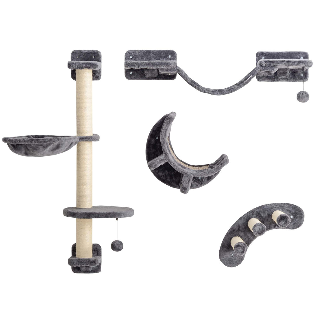 Four-Piece Cat Wall Furniture, with Hammock, Ladder, Platforms, Steps, for Indoor Use - Dark Grey