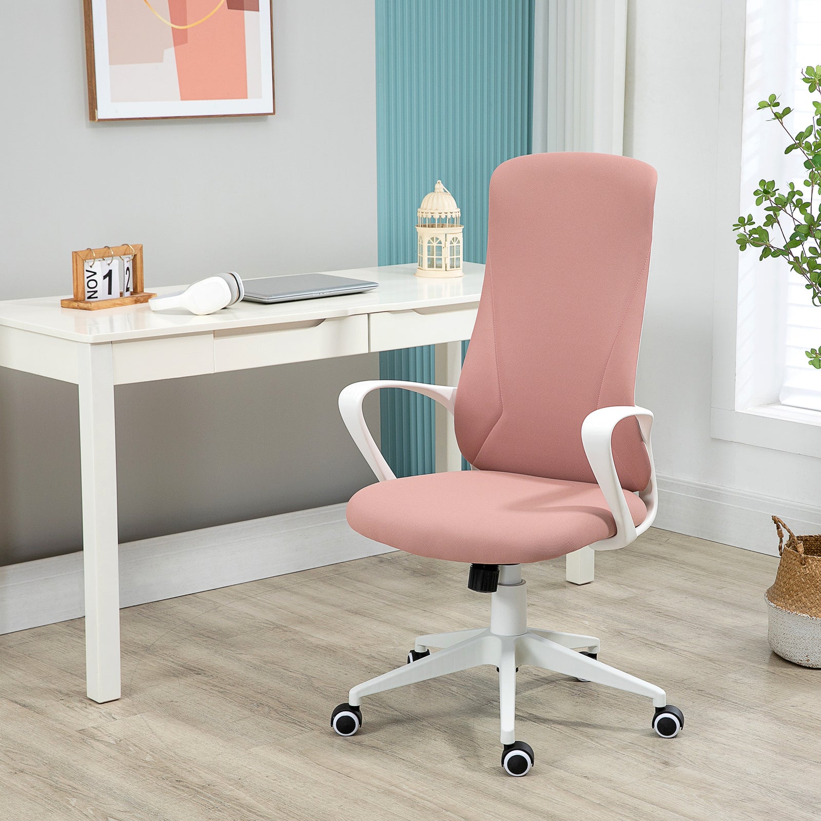 High Back Office Chair, Fabric Desk Chair with Armrests, Adjustable Height, Swivel Wheels, Pink