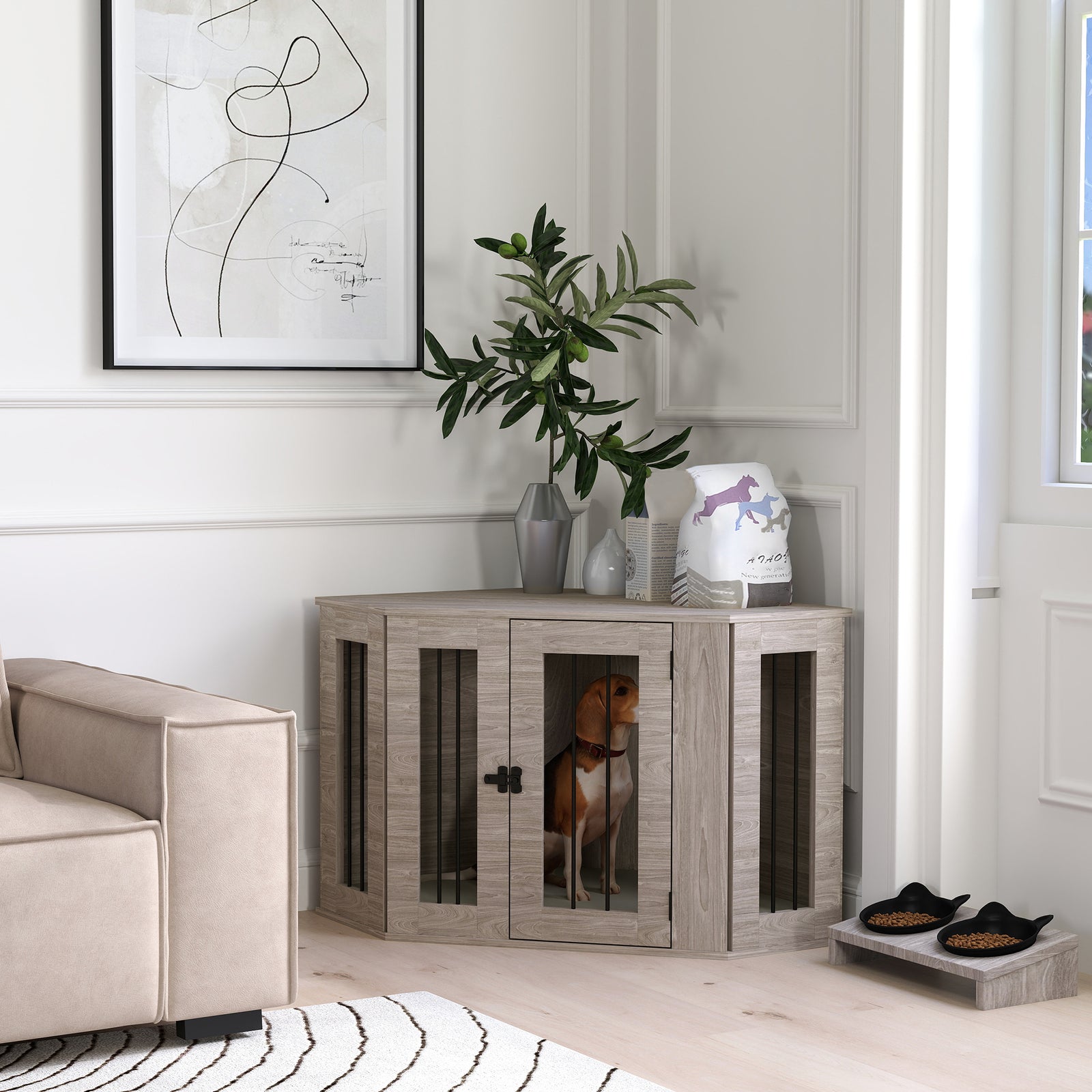 Dog Crate Furniture Side Table, with Cushion, 104 x 55 x 63cm - Walnut Brown