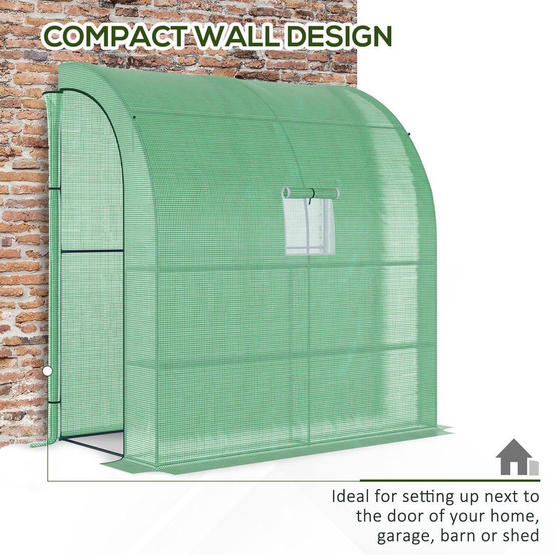 Walk-In Lean to Wall Greenhouse with Windows and Doors, Outdoor Green House with 3 Tiers 4 Wired Shelves, 200L x 100W x 215Hcm, Green