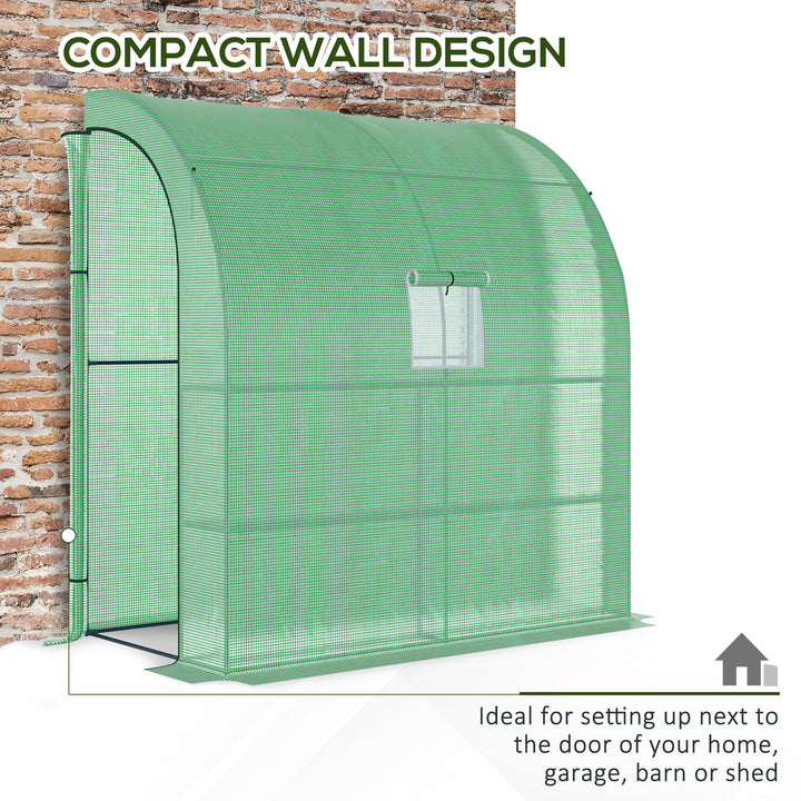 Walk-In Lean to Wall Greenhouse with Windows and Doors, Outdoor Green House with 3 Tiers 4 Wired Shelves, 200L x 100W x 215Hcm, Green