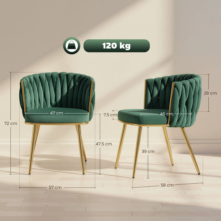 Velvet-Feel Dining Chairs Set of 2, Modern Upholstered Kitchen Chairs with Woven Backrest and Armrests, Metal Legs and Padded Seat for Dining Room, Bedroom, Living Room