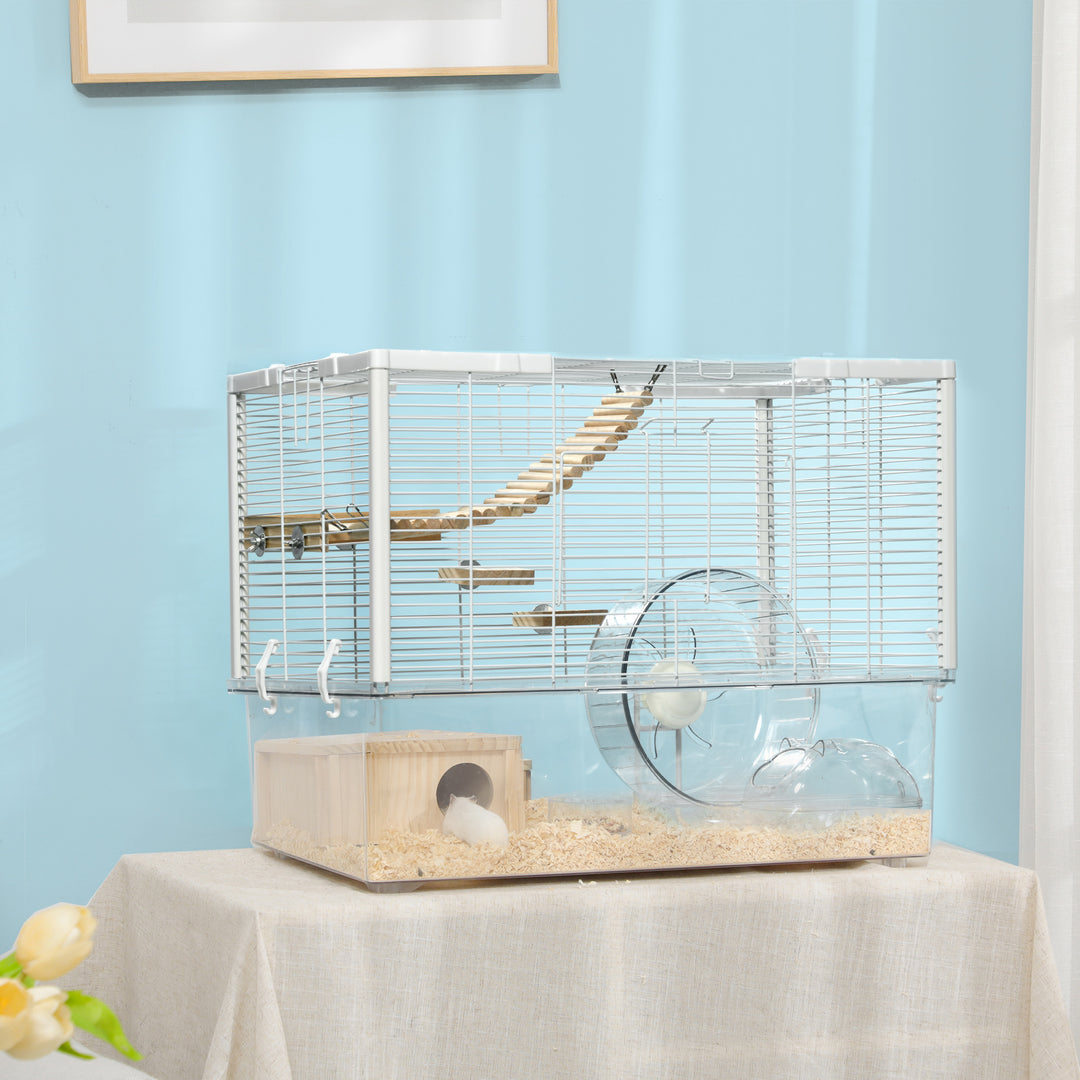 PawHut Hamster Cage, Gerbilarium Cage, Wooden Ramp, Exercise Wheel, Food Bowl, Natural Tone and White | Aosom UK