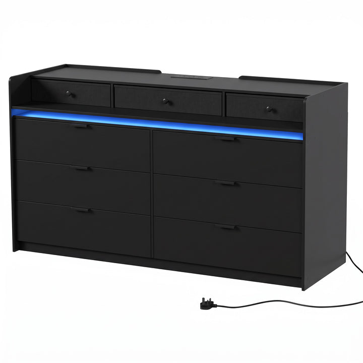 Chest of Drawers for Bedroom with LED Light &amp; Charging Station, 9 - Black