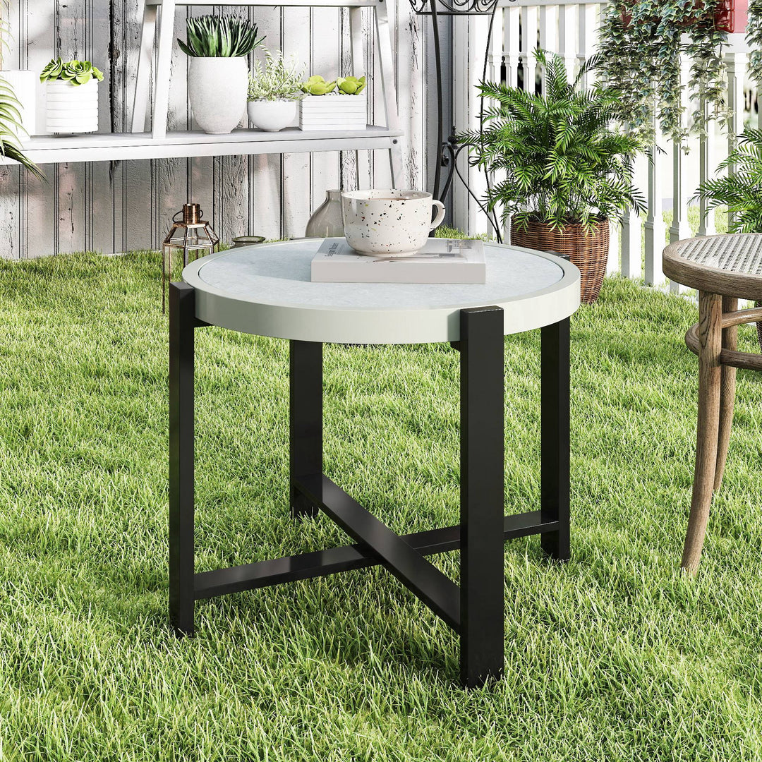 Round Small Garden Table, 60cm Outdoor Side Table with Faux Marble Tempered Glass Top, Aluminium Frame for Garden, Patio, Balcony, Light Grey