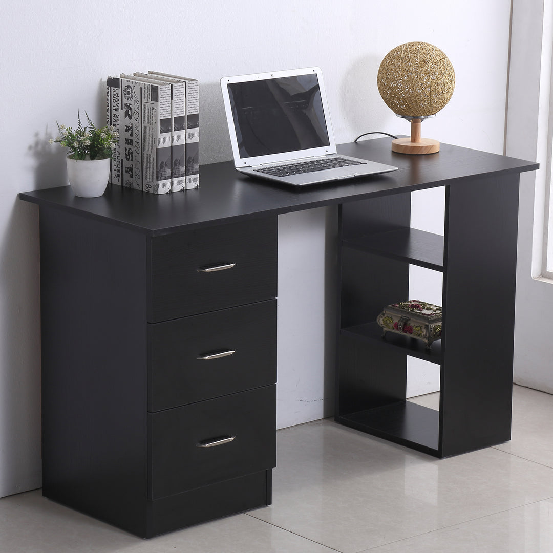 MCL Computer Desk, Writing Table, PC Workstation with 3 Storage Shelves and Drawers, Silver Handle, for Home Office, Black