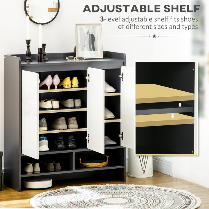 High Gloss Shoe Cabinet with White Doors and Open Shelves, Hallway Shoe Cupboard Storage Organizer for 19 Pairs of Shoes, Grey