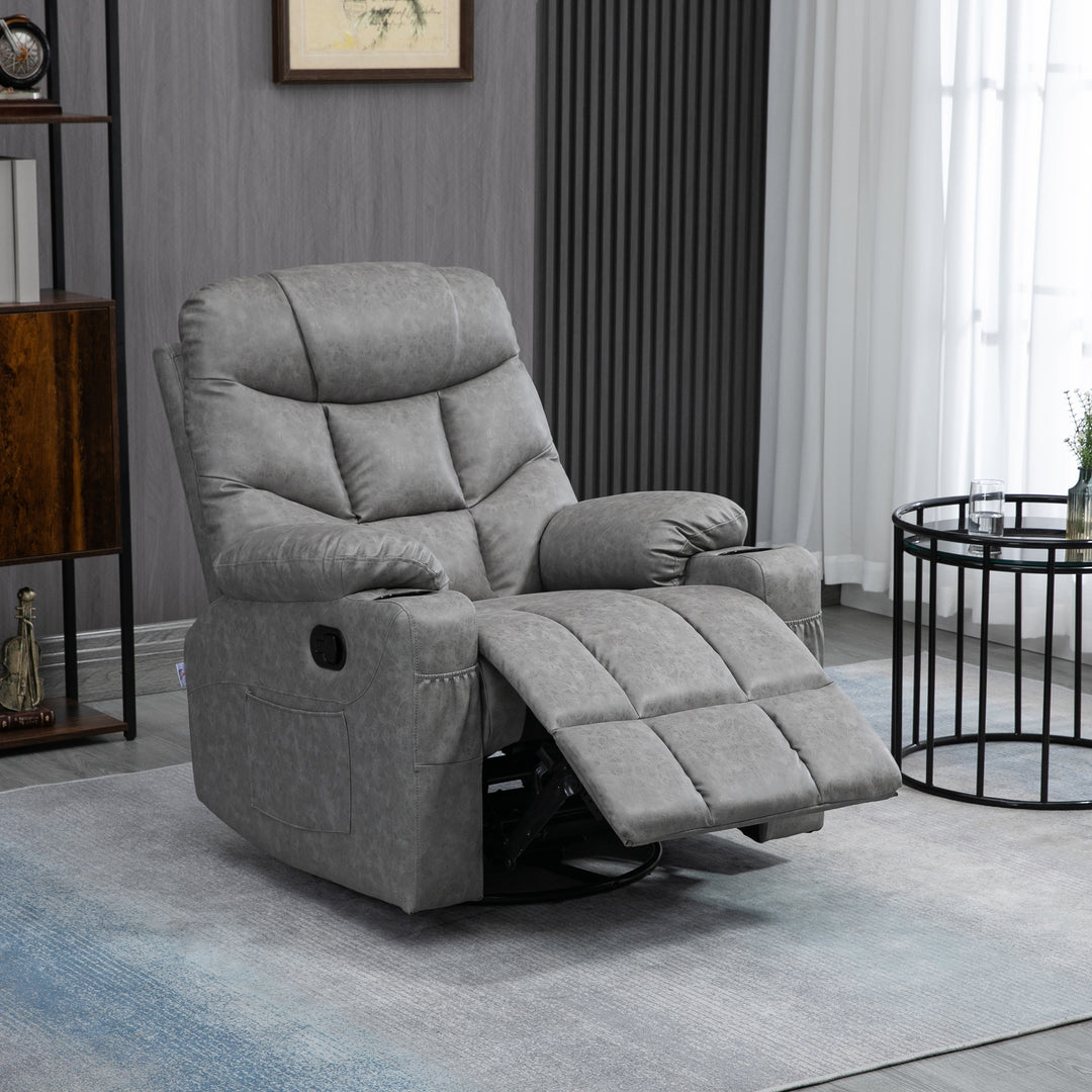 HOMCOM Manual Reclining Chair, Recliner Armchair with Faux Leather, Footrest, Cup Holders, 86x93x102cm, Grey | Aosom UK