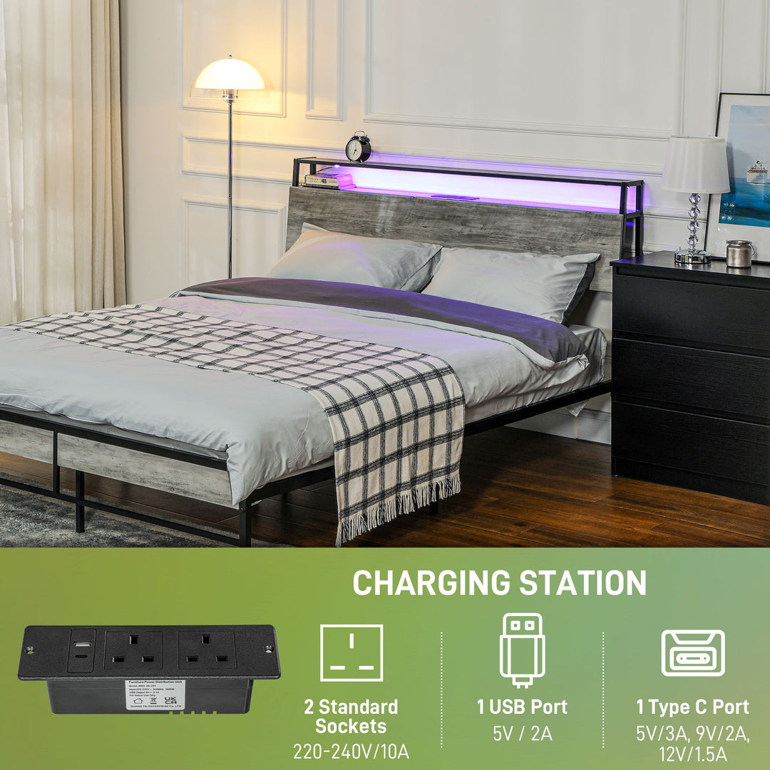 Double Steel Bed Frame, with LED Lights and Headboard Shelf - Grey