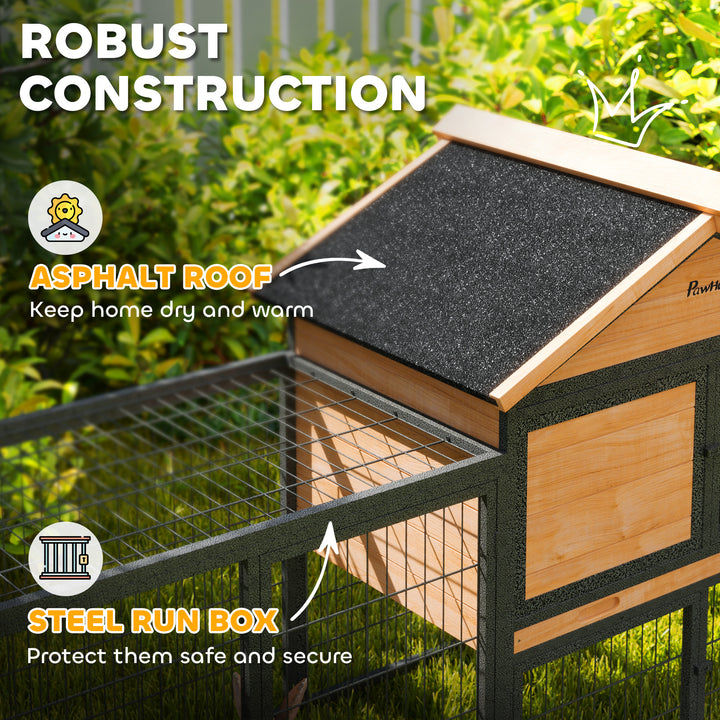 Wooden Rabbit Hutch Outdoor with Steel Run, Wooden Guinea Pig Cage with Removable Plastic Tray, Asphalt Roof, Ramp