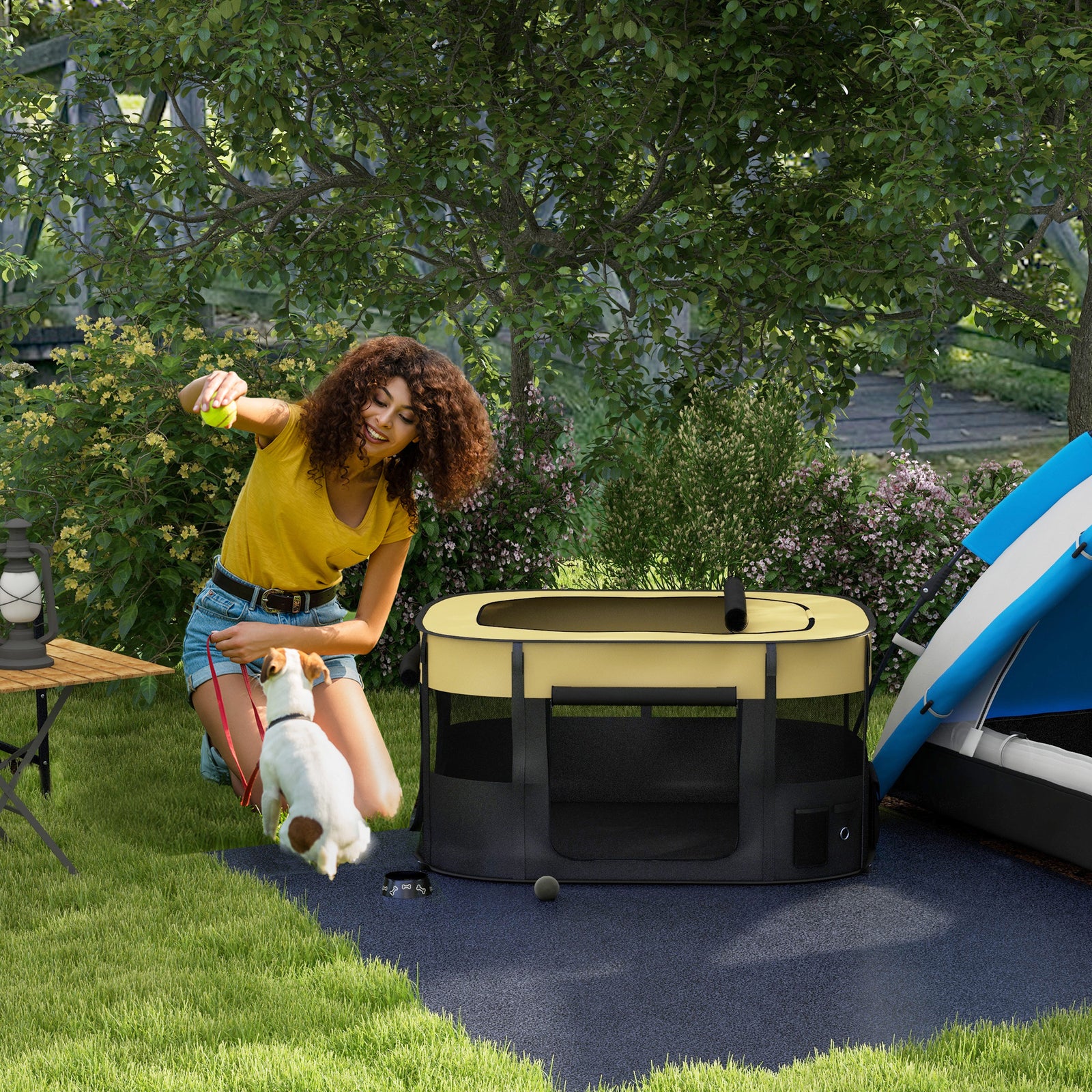 Foldable Dog Pen with Storage Bag for Indoor/Outdoor Use, Portable Pet playpen, with Ground Stakes - Yellow