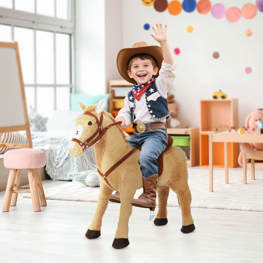 MCL Kids Ride On Standing Horse Cuddly Toy Children Plush Soft Pony Gift w/ Neigh Sound or 2 Years and Up Beige