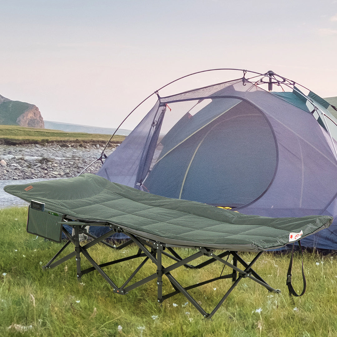 Foldable Camp Bed, Padded Patio Camping Bed with Carry Bag, Magazine Bag and Cup Holder for Outdoor, Garden, Grey