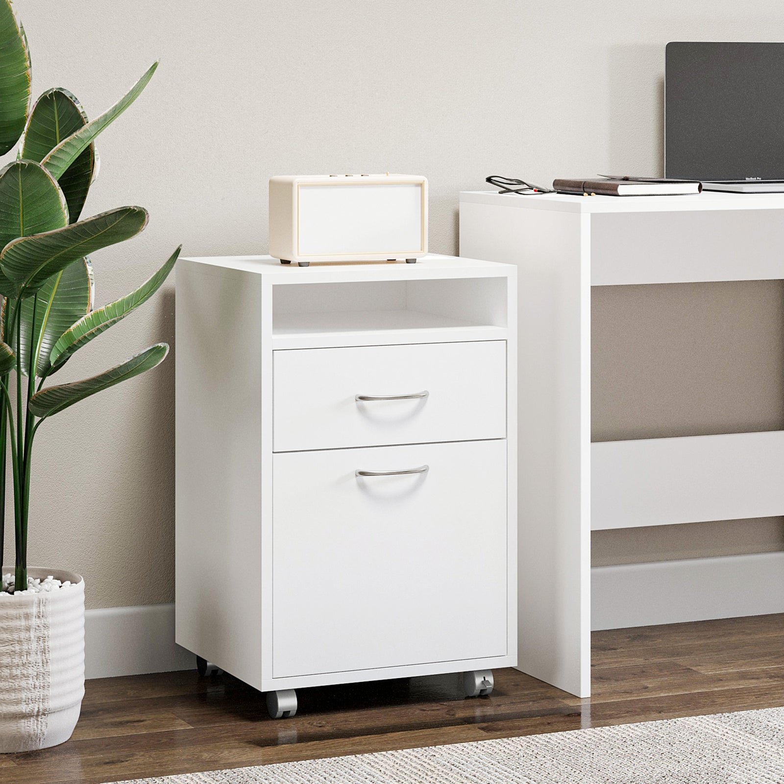 60cm Filing Cabinet with Drawer, Open Shelf, Metal Handles and 4 Wheels, Office Home Organiser Mobile Printer, White