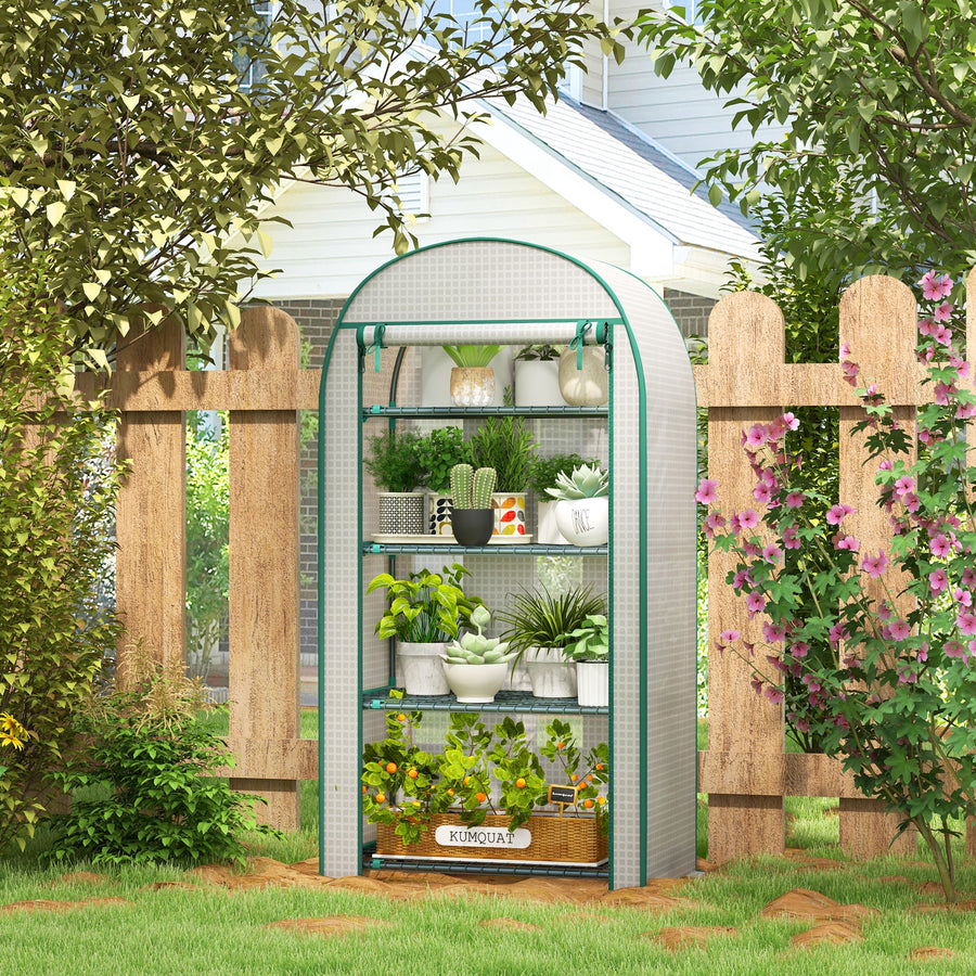 4 Tier Mini Greenhouse for Outdoor, Portable Gardening Plant Green House with Storage Shelf, Roll-Up Zipped Door, Metal Frame and PE Cover, 80 x 49 x 160cm, White