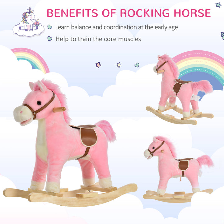 MCL Kids Plush Rocking Horse w/ Sound Moving Mouth Wagging Tail Children Rocker Ride On Toy Gift 3-6 Years Pink