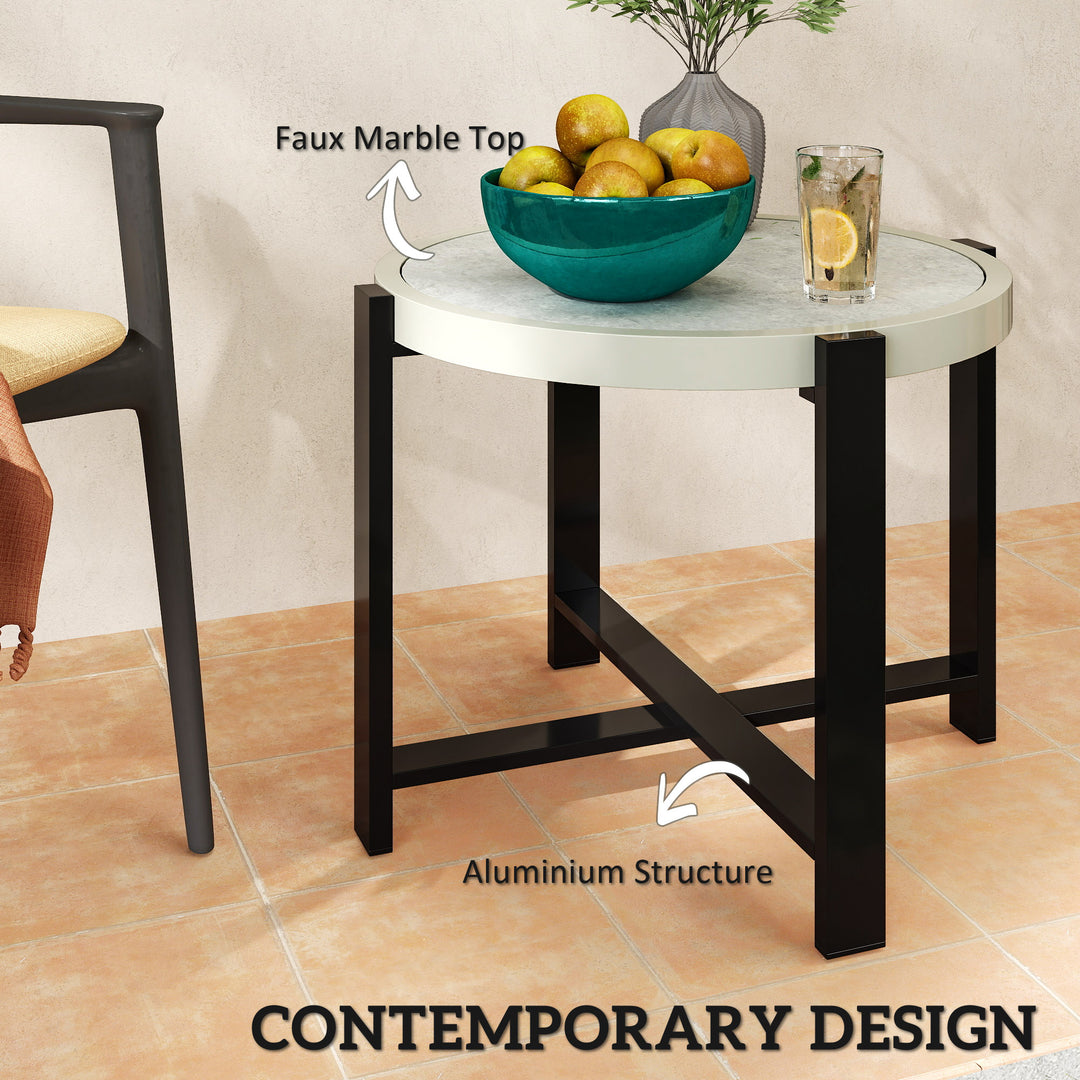 Round Small Garden Table, 60cm Outdoor Side Table with Faux Marble Tempered Glass Top, Aluminium Frame for Garden, Patio, Balcony, Light Grey