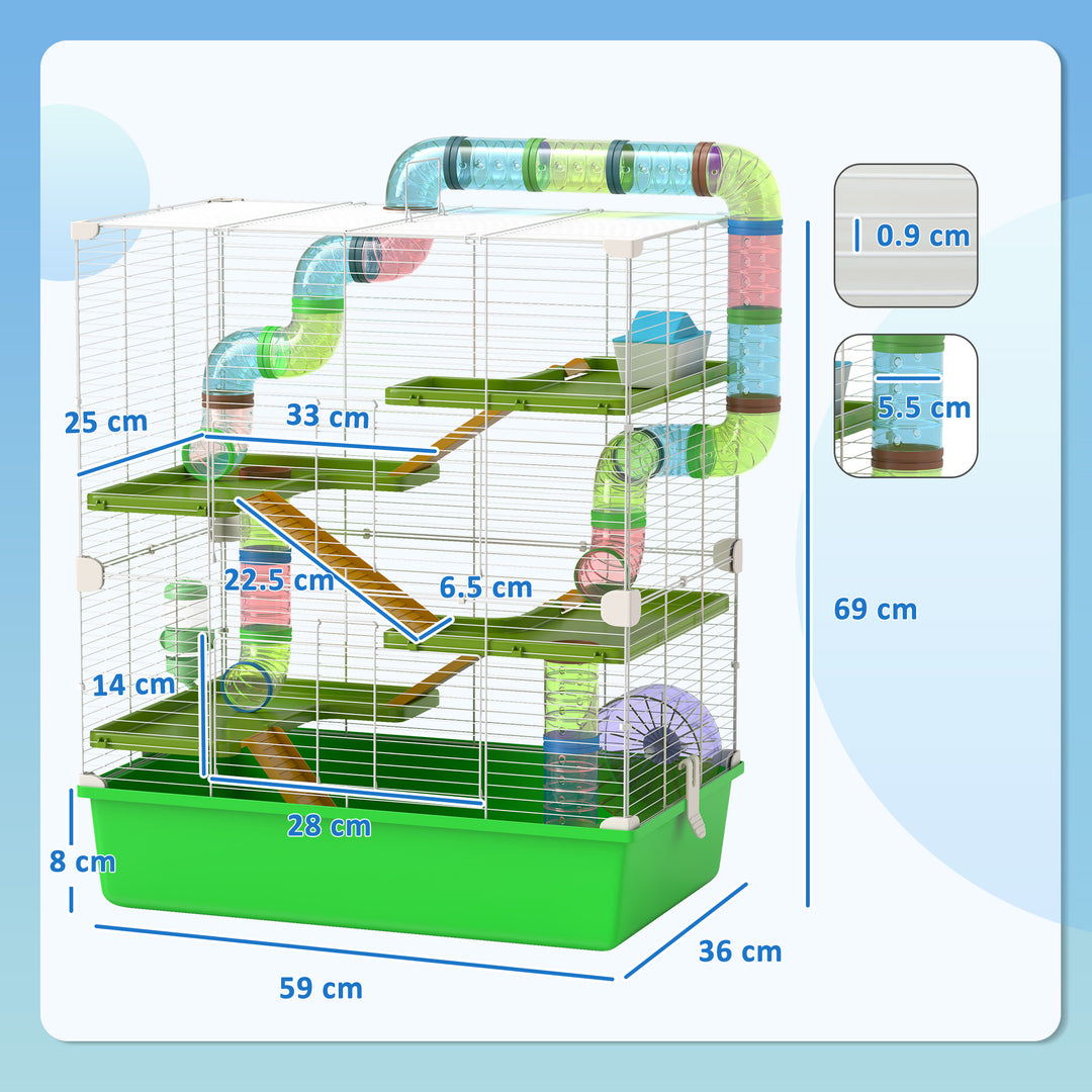 PawHut Hamster Cage w/ Water Bottle, Exercise Wheel, Tubes, Ramps - Green | Aosom UK