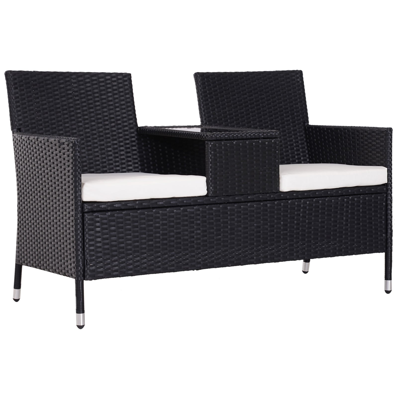 2-Seater Rattan Chair Set W/Middle Tea Table-Black