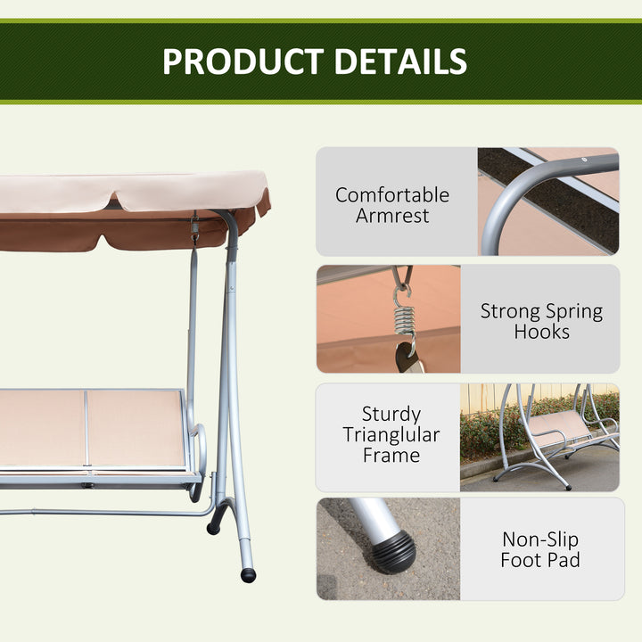 3 Seater Garden Swing Seat Bench Steel Swing Chair with Adjustable Canopy for Outdoor Patio Porch - Beige