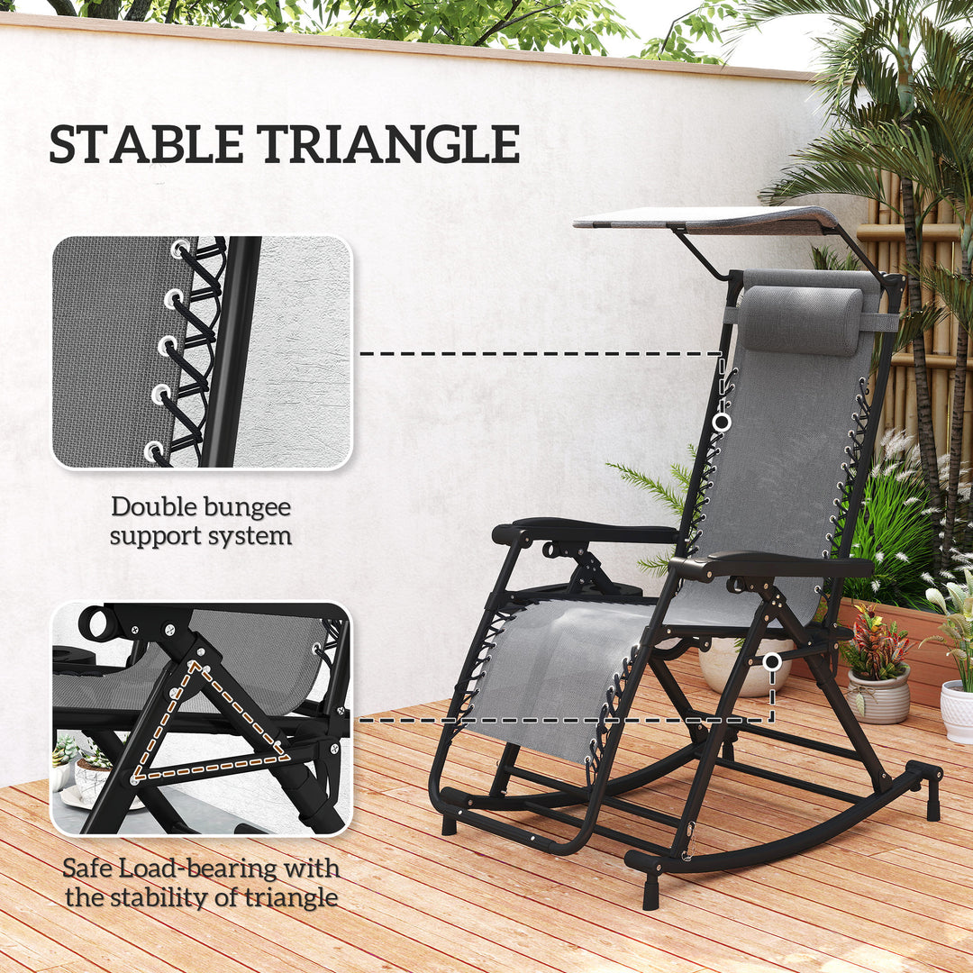 Garden Rocking Chair Folding Recliner Outdoor Adjustable Sun Lounger Rocker Zero-Gravity Seat with Headrest Side Holder Patio Deck - Grey