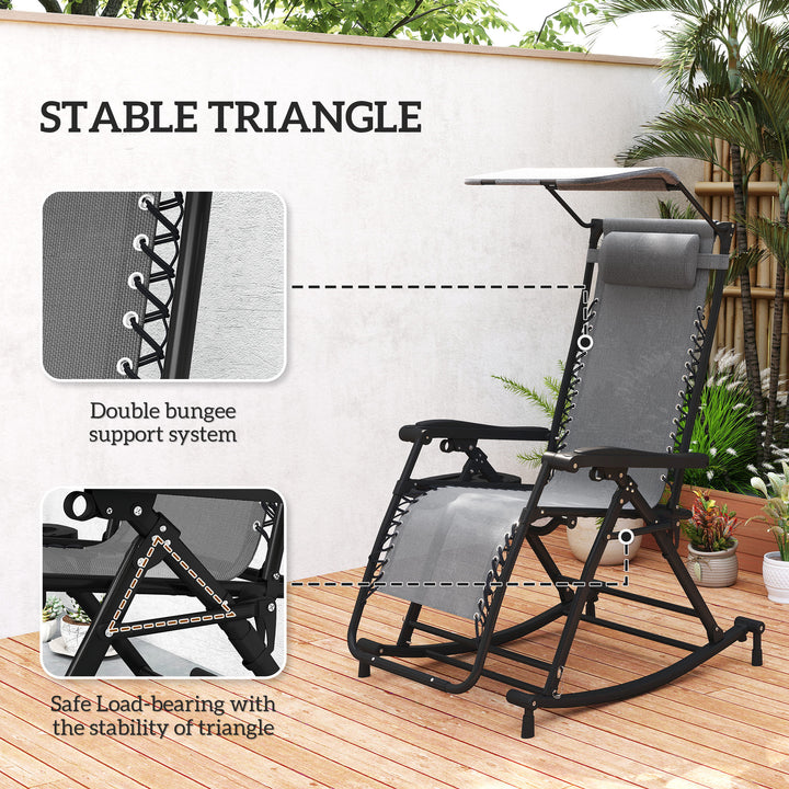 Garden Rocking Chair Folding Recliner Outdoor Adjustable Sun Lounger Rocker Zero-Gravity Seat with Headrest Side Holder Patio Deck - Grey
