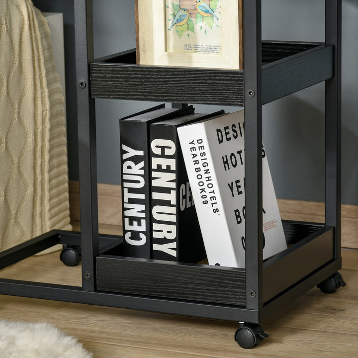 Mobile Sofa Side Table Set of 2, Industrial C-Shaped Rolling Couch Table with 3-Tier Storage Shelving Four Lockable Wheels Steel Frame, Dark Brown